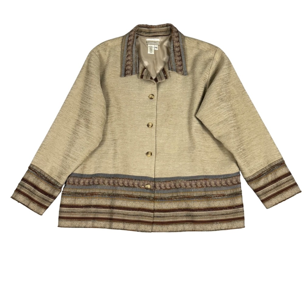 Coldwater Creek Tan Paisley Border Print Button Up Jacket PXL Boho Artsy Chic